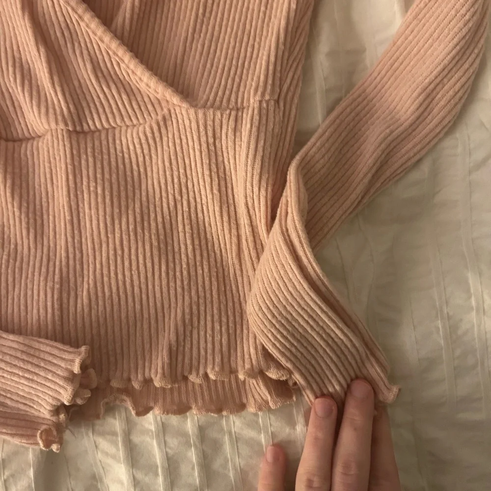 Heart & Hips S Pink Ribbed Balletcore Long Sleeve Blouse Top W/ Lettuce Hem